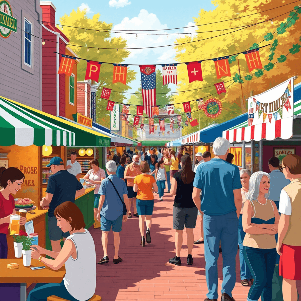 A lively small-town festival scene with colorful stalls, people enjoying local food, mingling, live music, a beer garden, and festive decorations s...