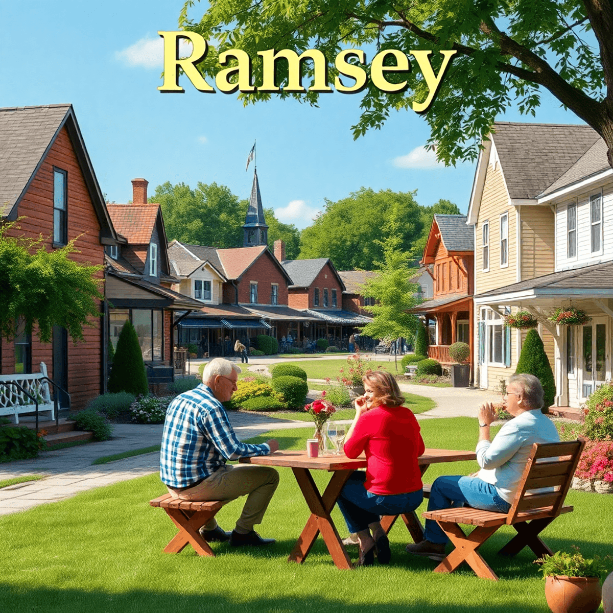 A cozy park in a small town with couples picnicking on the grass, surrounded by lush greenery and charming buildings, capturing a warm sense of com...