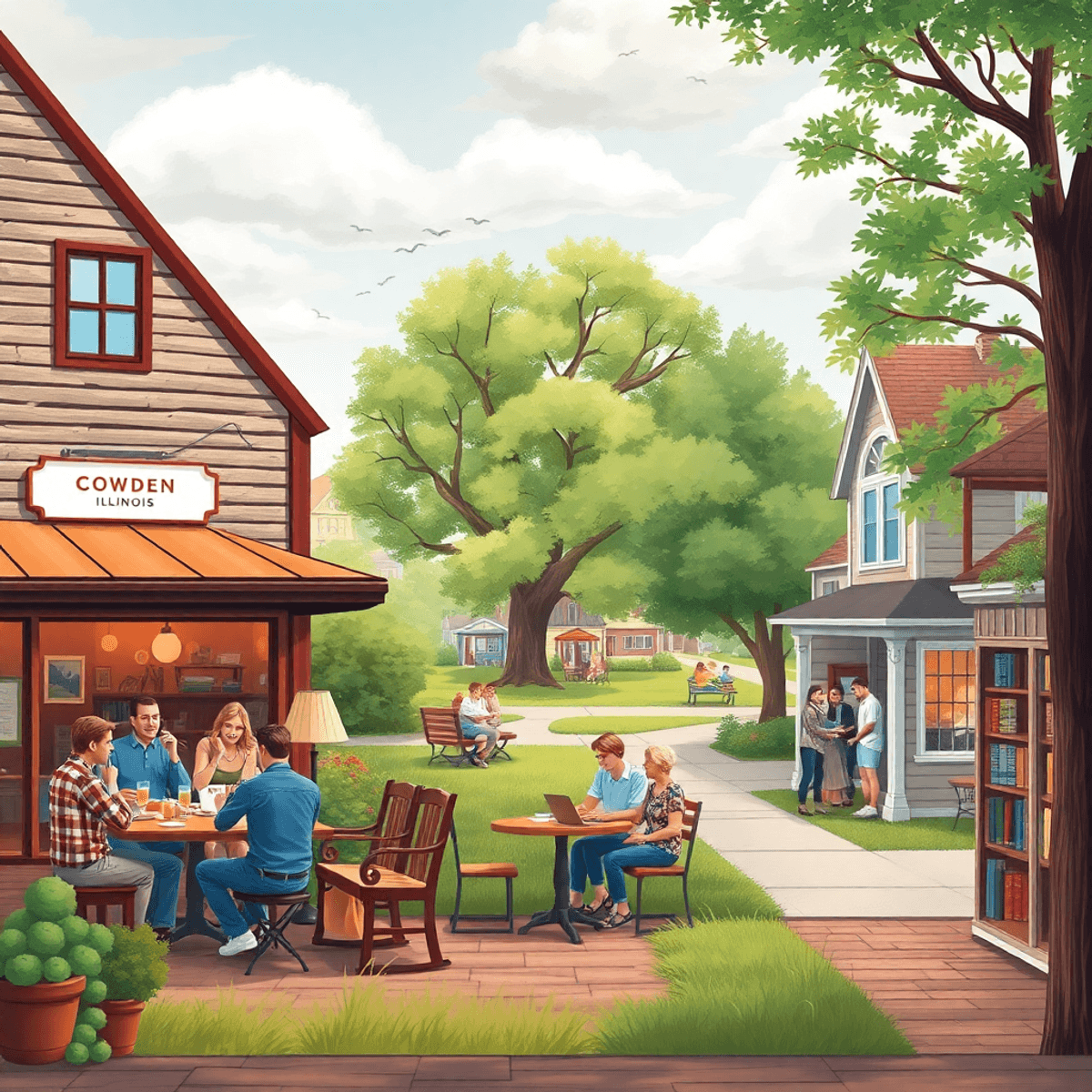 A cozy diner bustling with locals enjoying breakfast, a serene park with couples outdoors, and a charming library inviting book lovers in a picture...