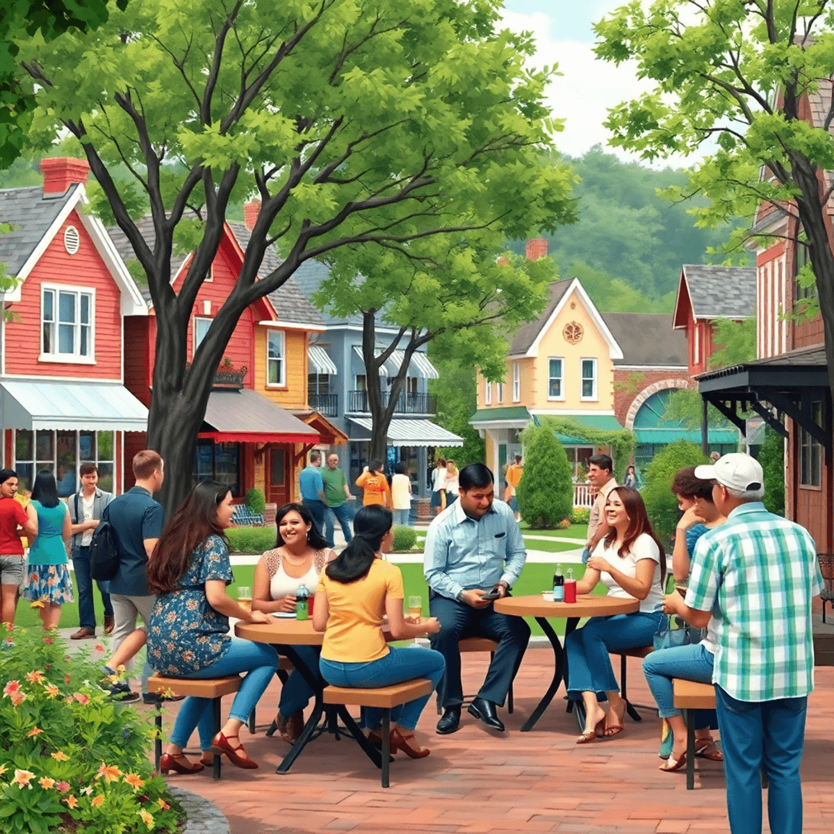 A cozy park in Stronghurst, Illinois, filled with people chatting and enjoying community events, surrounded by charming buildings and lush greenery.