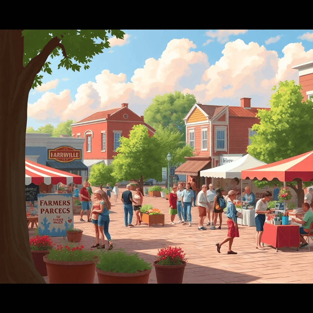 A vibrant town square filled with colorful market stalls, people chatting, and quaint buildings in the background, creating a warm and inviting com...