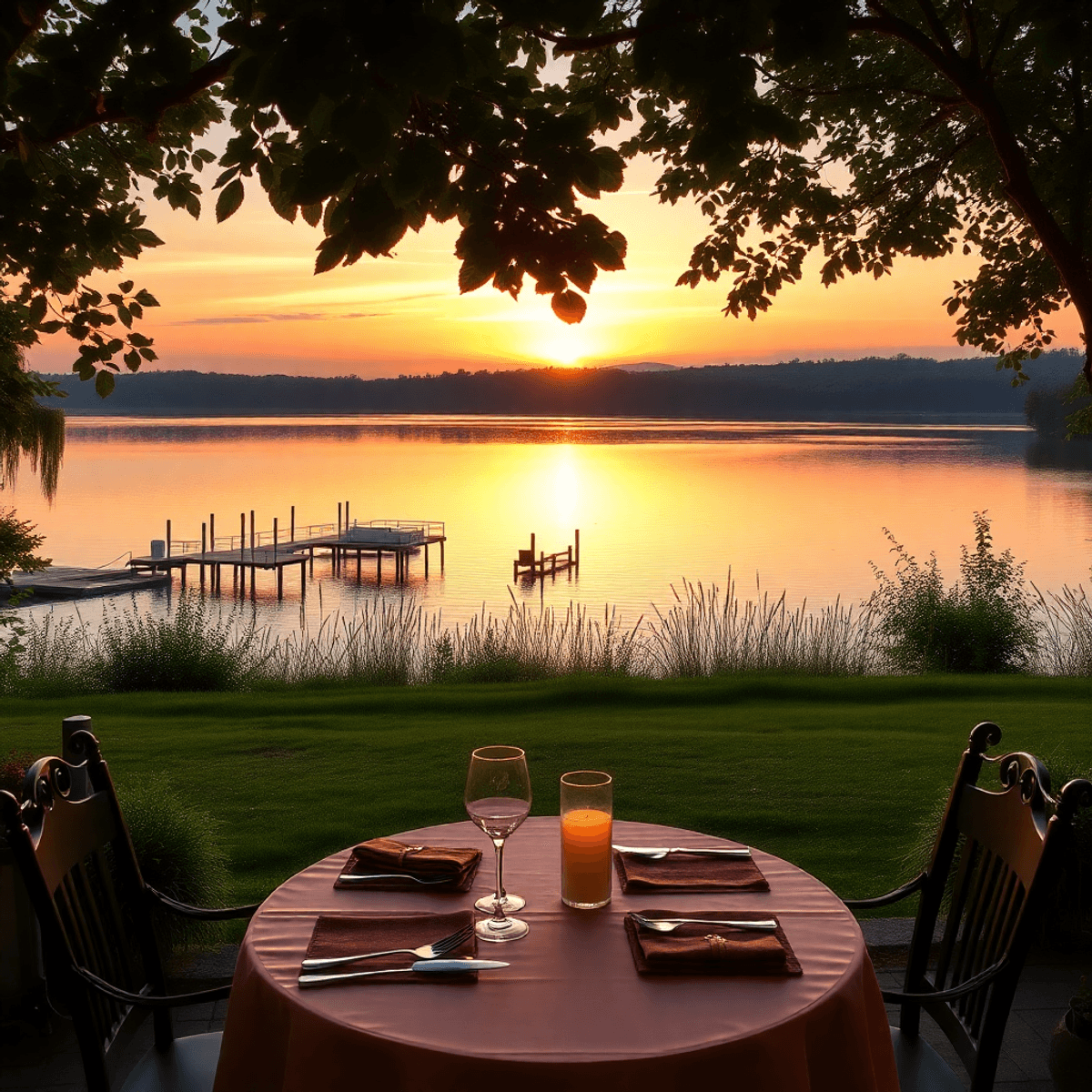 A serene lakeside sunset view with a peaceful lake, lush greenery, and a cozy dining table set for two in the foreground, evoking romance and tranq...