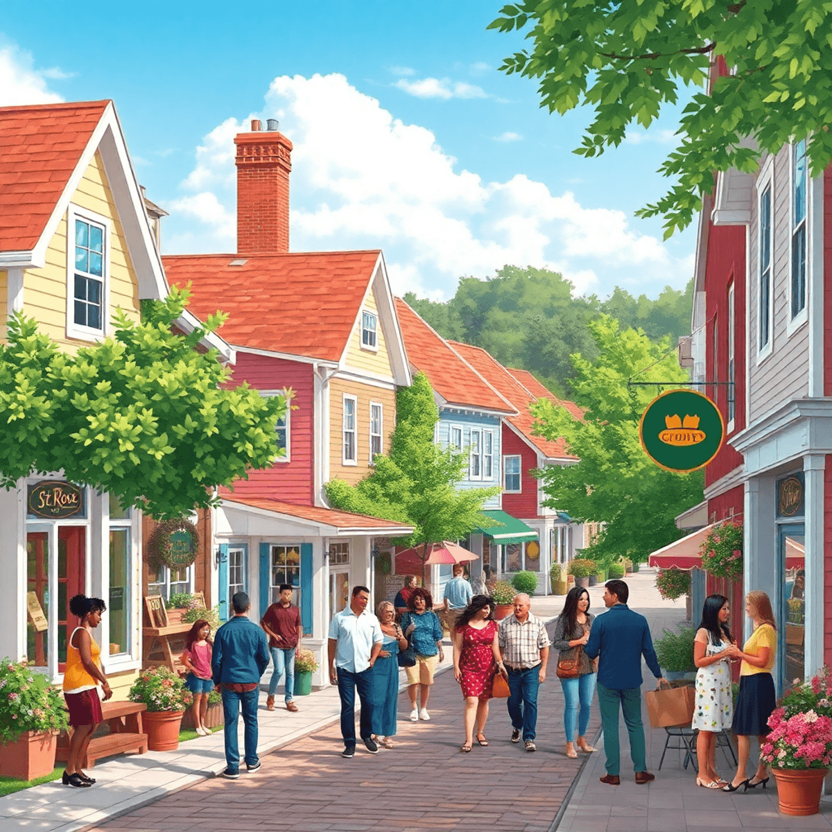 A charming small-town scene in St. Rose, Illinois, with quaint houses, local shops, and people engaging in friendly conversations under a clear blu...