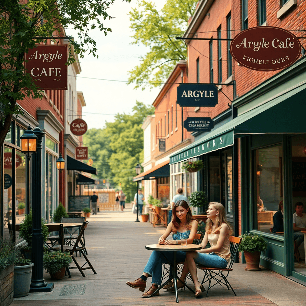 A charming small-town street in Argyle, Illinois, with cozy cafes and shops, where a couple enjoys a casual date outside amidst trees and a vibrant...