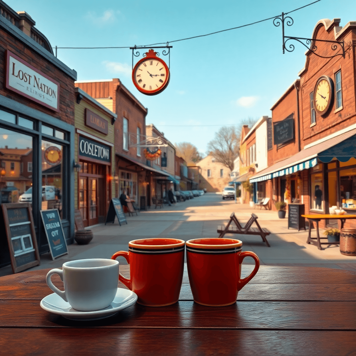 A quaint main street in Lost Nation, Illinois, showcasing local shops and a community gathering area, with two coffee cups on a table and vintage d...