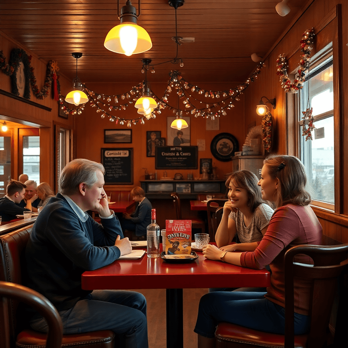A cozy diner in a small town, with couples engaged in conversation, decorated for a community event, exuding warmth and traditional values.