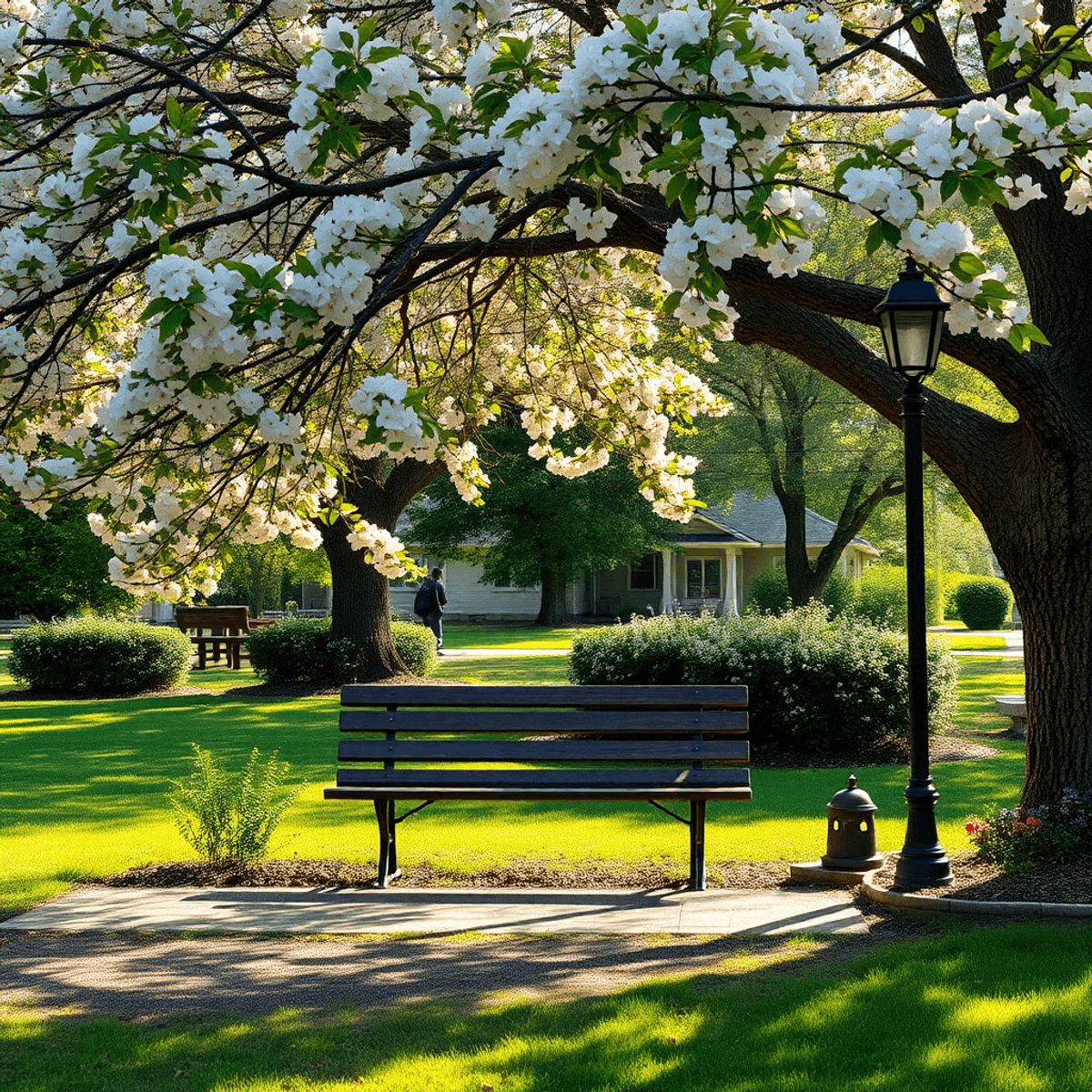 A cozy park scene in Congerville, Illinois, featuring a rustic bench under a flowering tree, soft sunlight filtering through leaves, and a vintage ...