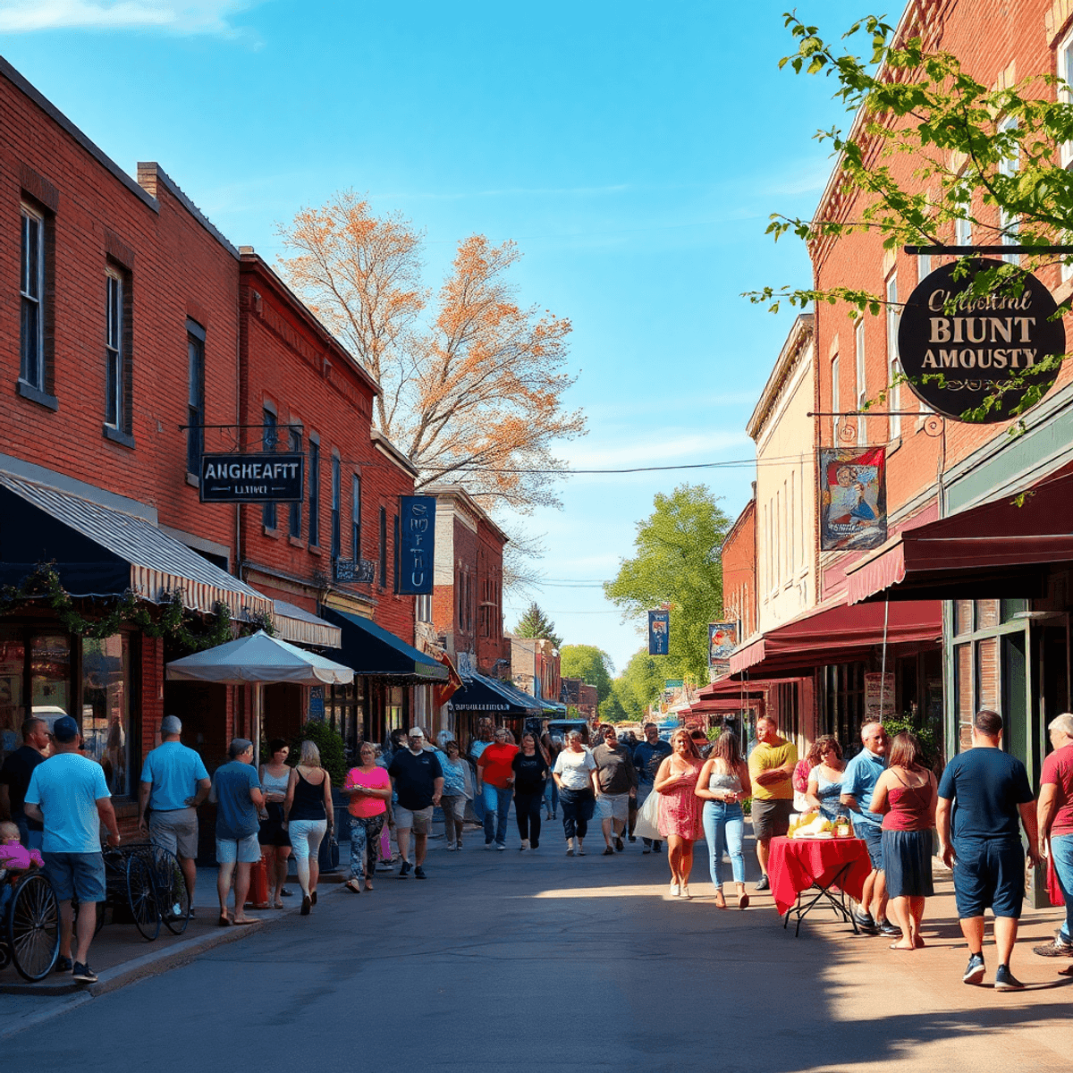 A picturesque small-town street in Augusta, Illinois, bustling with local businesses and a lively community event, showcasing outdoor activities an...