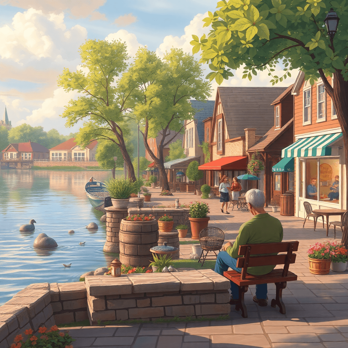 A cozy riverside scene in a small town with couples walking and sitting on benches, surrounded by a picturesque riverbank and inviting cafes, showc...