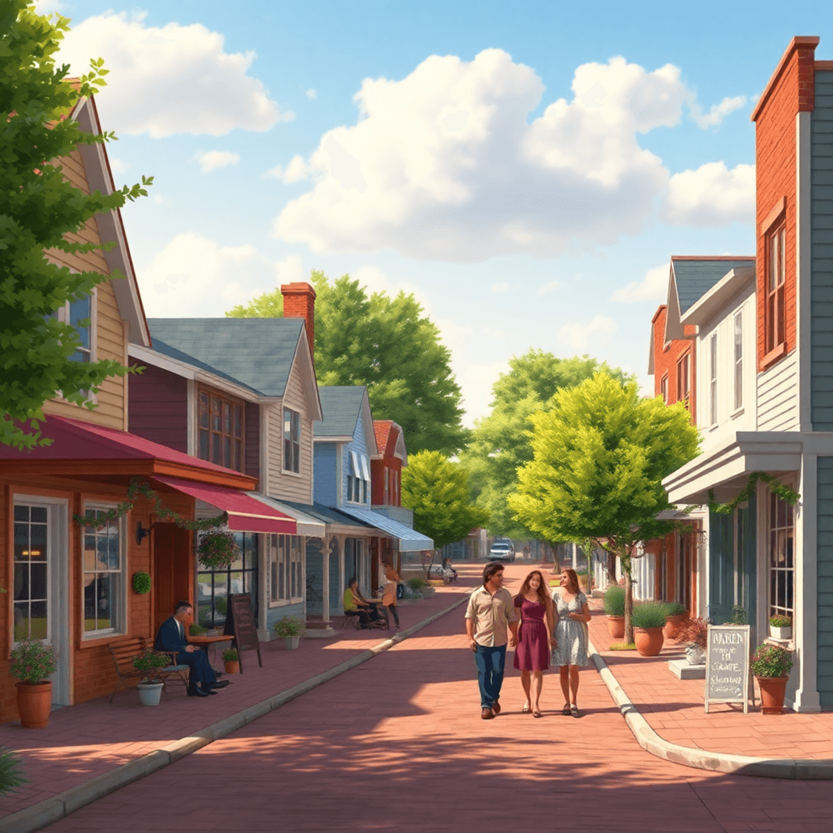 A charming small-town scene in Morrisonville, Illinois, with quaint houses, lush greenery, a cozy café, and couples walking hand-in-hand in a warm,...