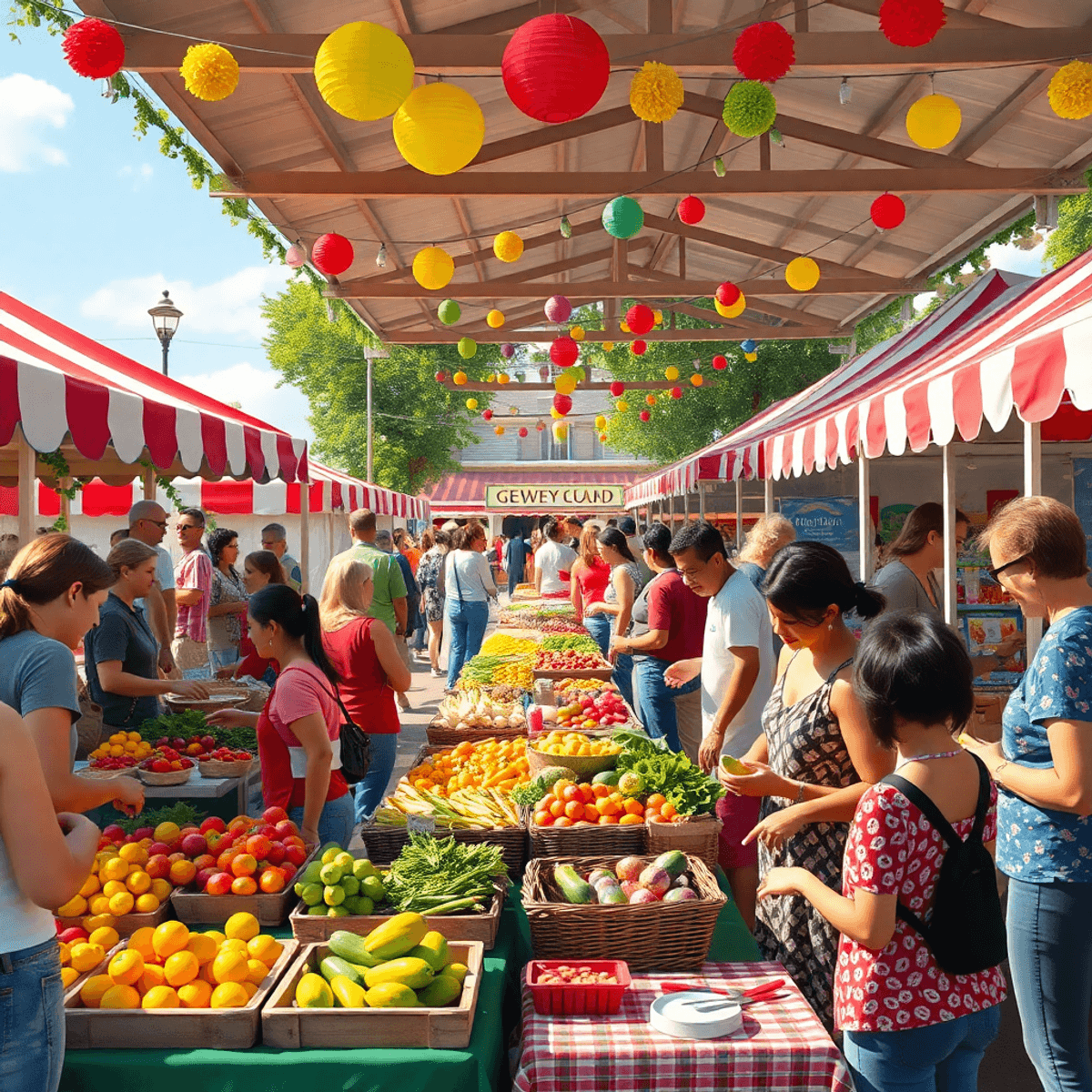 A lively small-town festival in Greenfield, Illinois, with colorful stalls of fresh produce and crafts, people enjoying food and games amid cheerfu...