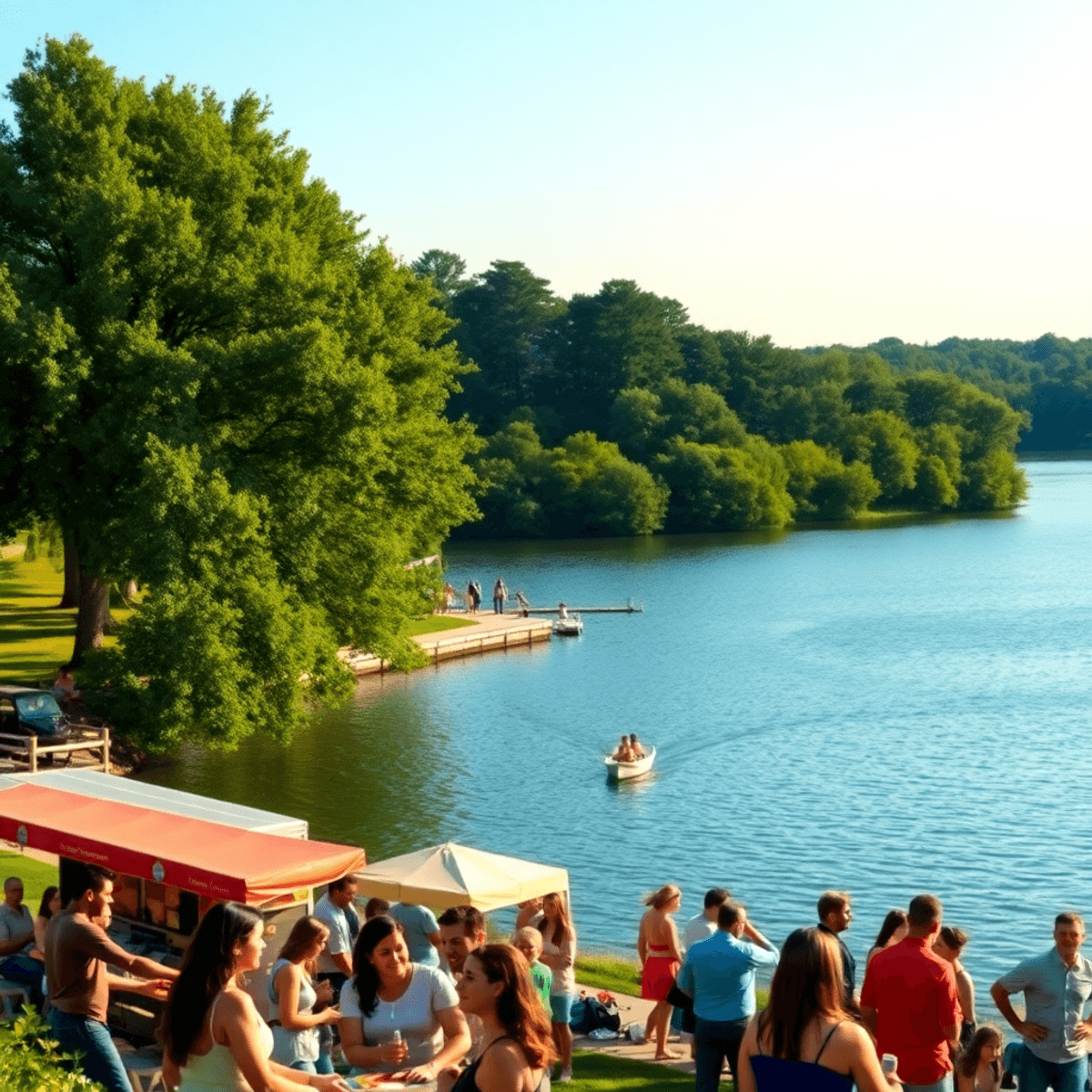 A vibrant lakeside scene with lush greenery, a small group enjoying a community festival, food trucks, and live music, creating a warm and inviting...