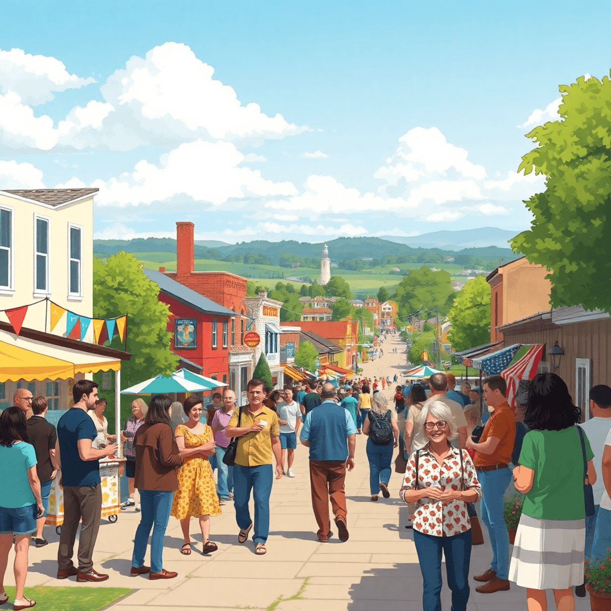 A lively small-town festival in Griggsville, Illinois, with colorful banners, food stalls, and people chatting amidst a scenic backdrop of the town.