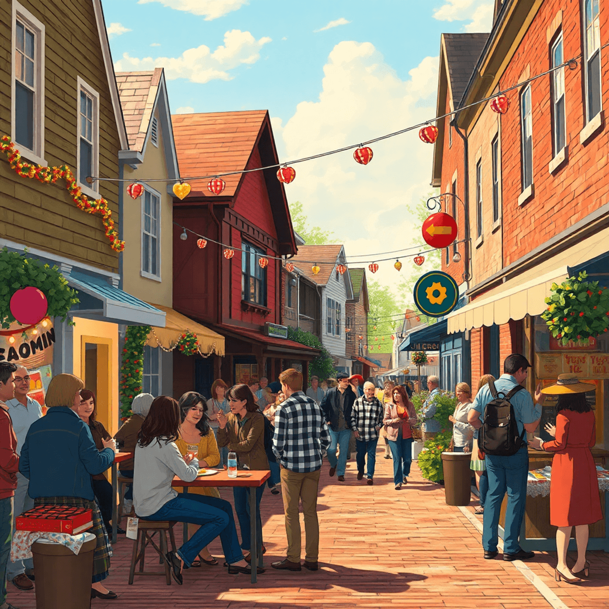 A cozy small-town festival scene in Germantown, Illinois, with couples enjoying the event amidst charming architecture and vibrant decorations, rad...