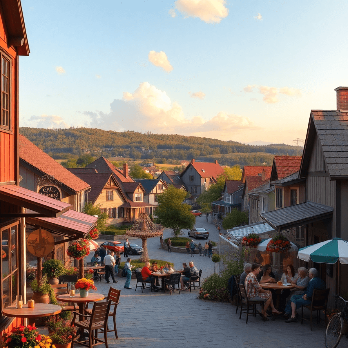 A charming small town scene with a cozy café, couples in a park, and hints of local events, creating a warm and inviting atmosphere.
