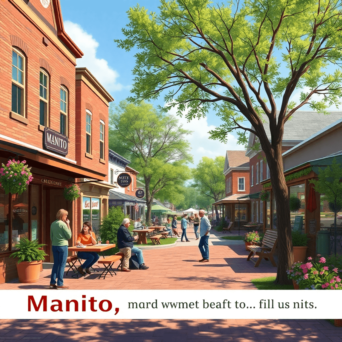 A cozy village square in Manito, Illinois, with locals chatting, quaint shops, and a park filled with trees and flowers, capturing the essence of c...