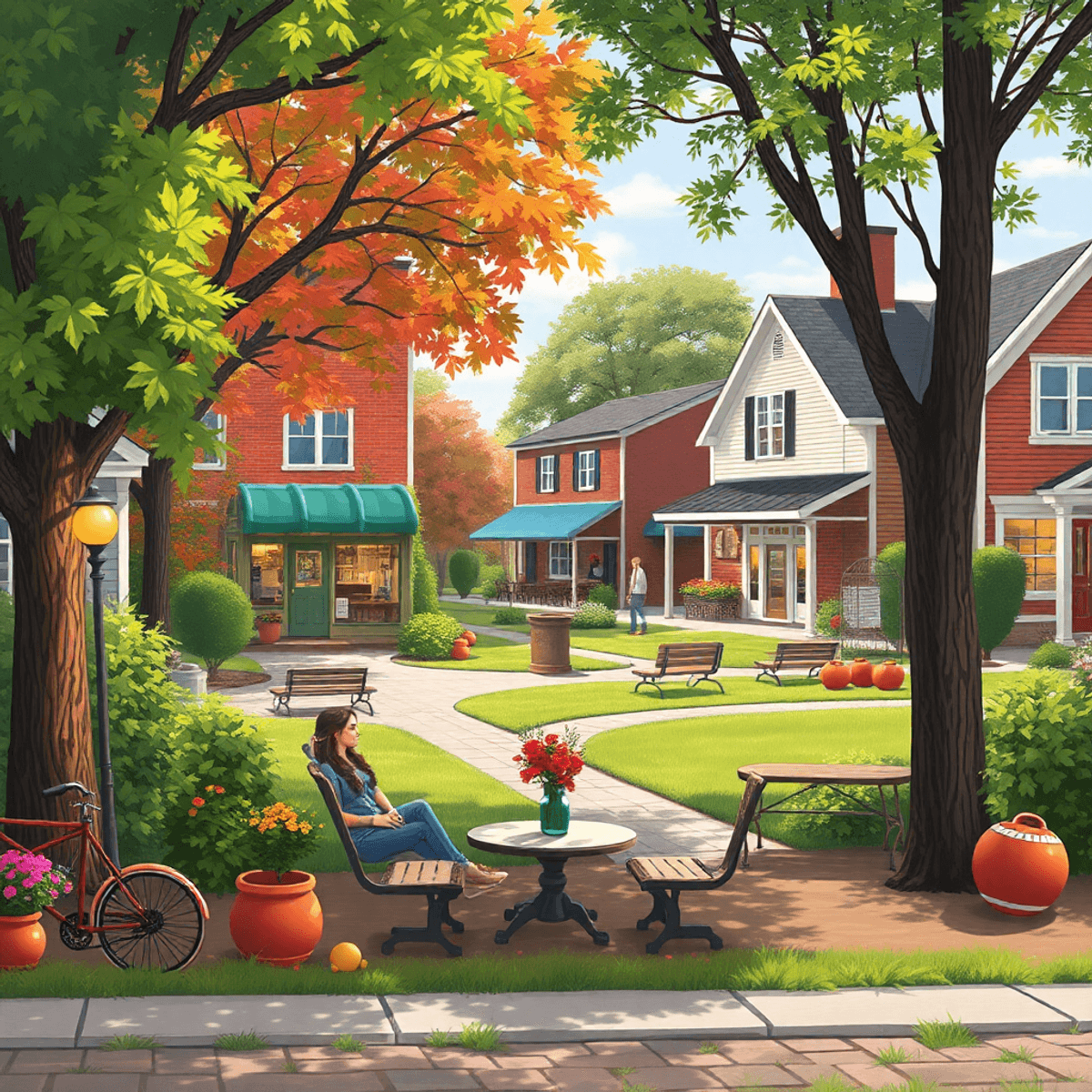 A picturesque park in White Hall, Illinois, with vibrant greenery, cozy seating areas, and hints of local culture like a café and sports equipment,...