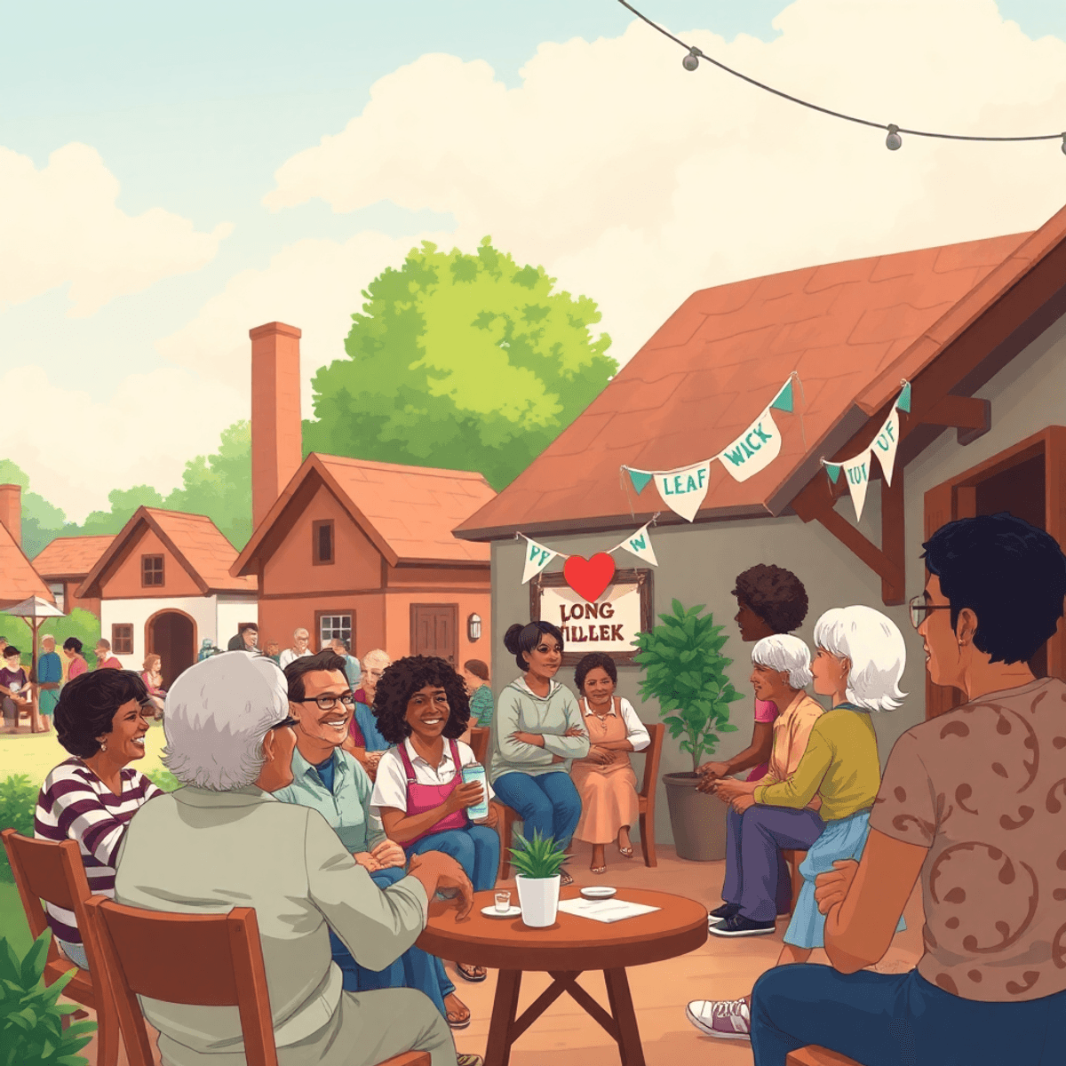A charming small village scene in Long Creek, Illinois, showcasing a community hall with people socializing amid festive decorations, creating a wa...