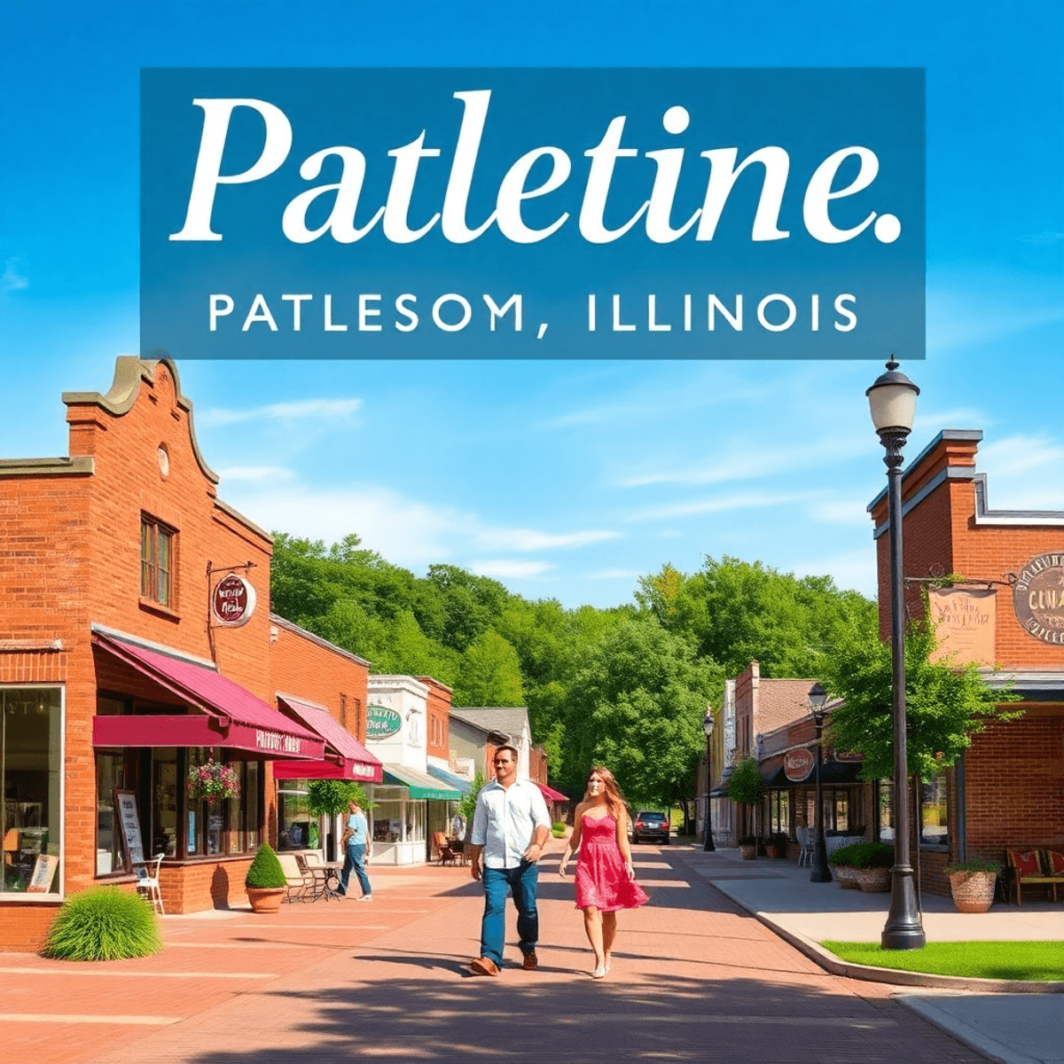 A charming small-town scene in Palestine, Illinois, with quaint storefronts and a couple enjoying a romantic stroll under a clear blue sky and lush...