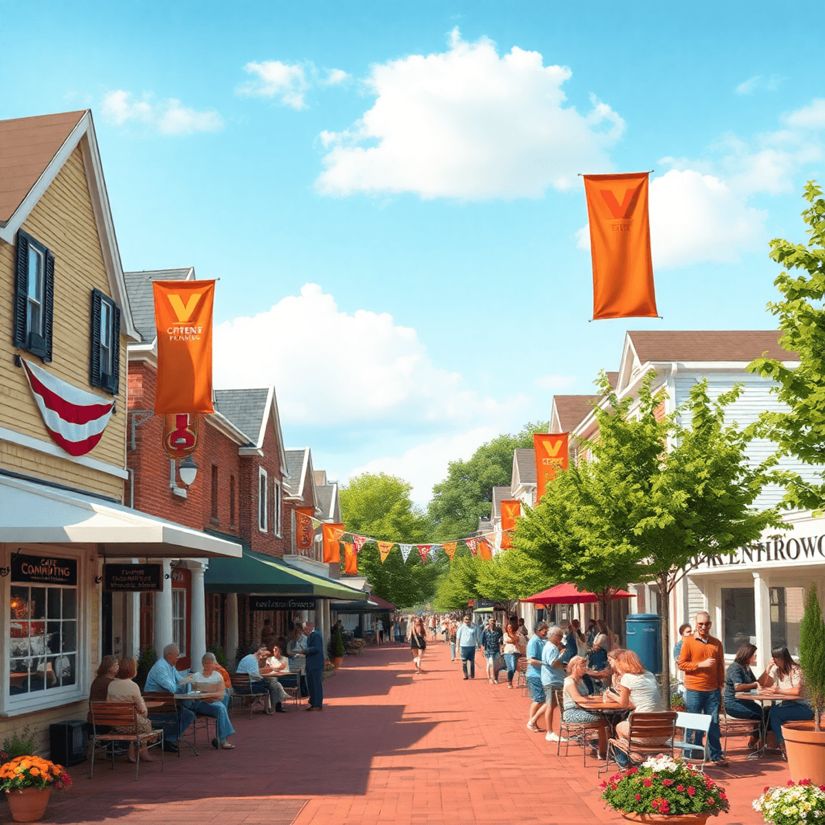 A charming small-town street in Kenilworth, Illinois, with colorful banners, a café patio filled with people enjoying drinks, and vibrant outdoor g...