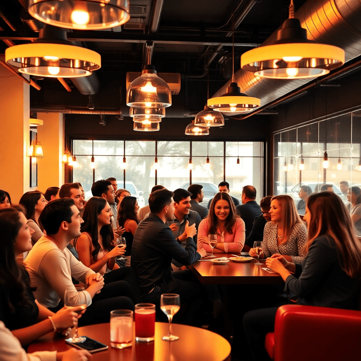 A cozy speed dating event in a stylish venue, with young professionals chatting and laughing, surrounded by warm lighting and comfortable seating.
