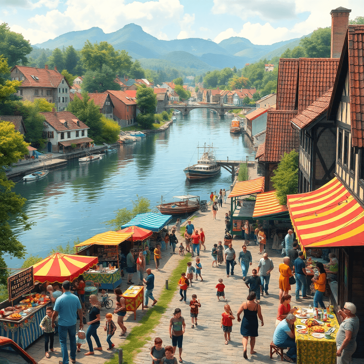 A vibrant small town festival along a river, with colorful stalls, people enjoying live music, and families participating in activities, showcasing...