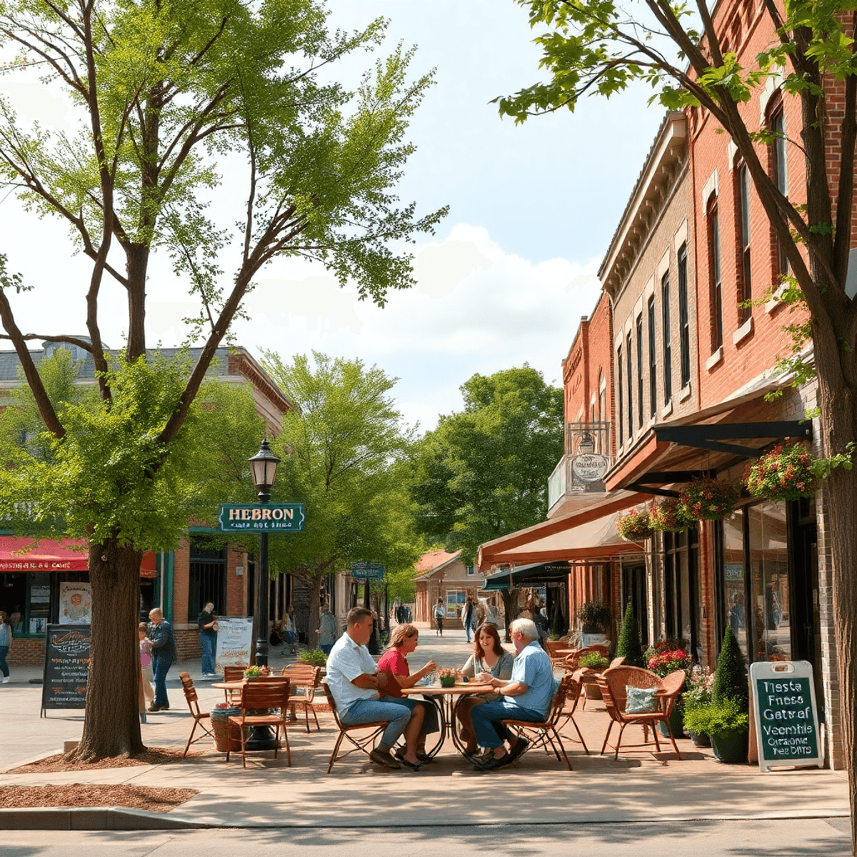 A charming small-town scene in Hebron, Illinois, with tree-lined streets, historic buildings, and a cozy café where couples enjoy outdoor seating i...