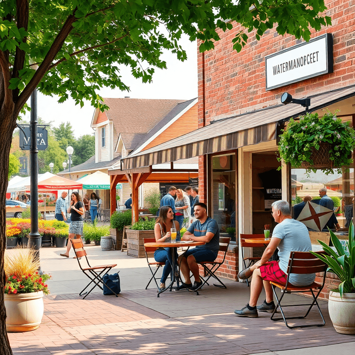 A cozy coffee shop with outdoor seating in a small-town setting, where people enjoy friendly conversations, with a farmers' market visible in the b...