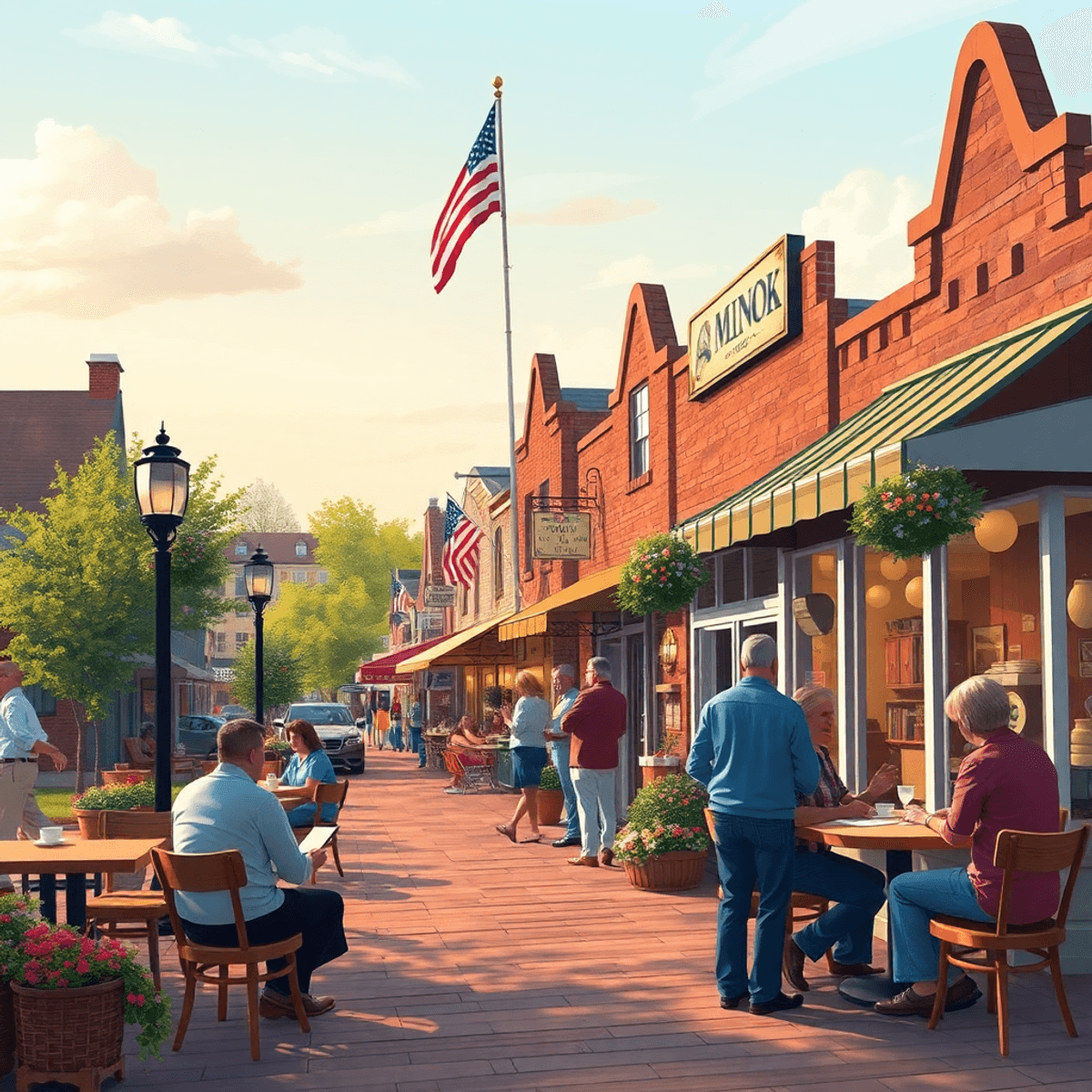 A cozy small-town scene in Minonk, Illinois, featuring a café and bowling alley, with people chatting and modern dating elements like smartphones a...