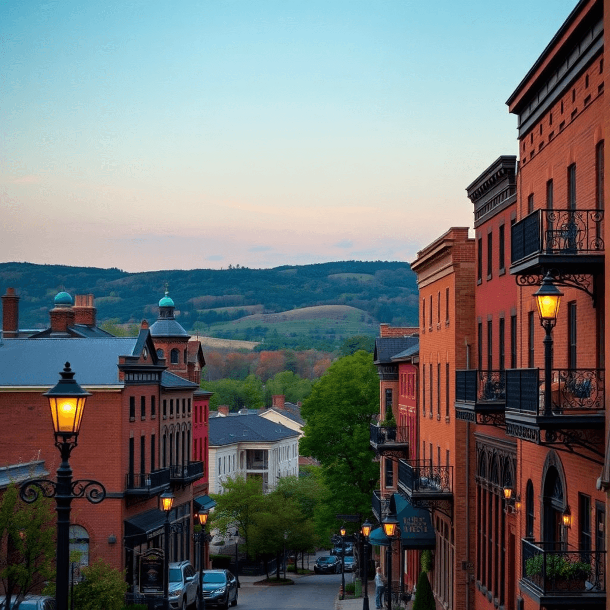 A scenic view of Galena, Illinois, showcasing 19th-century red-brick buildings, Victorian mansions, and a romantic street with glowing gas lamps at...