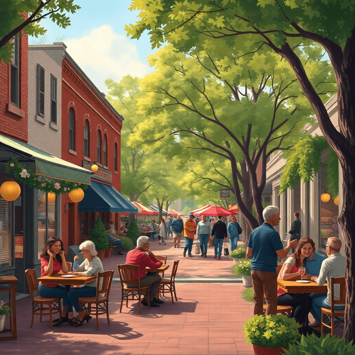 A cozy small-town scene in Farmington, Illinois, showcasing tree-lined streets and a park bustling with people enjoying community events and social...