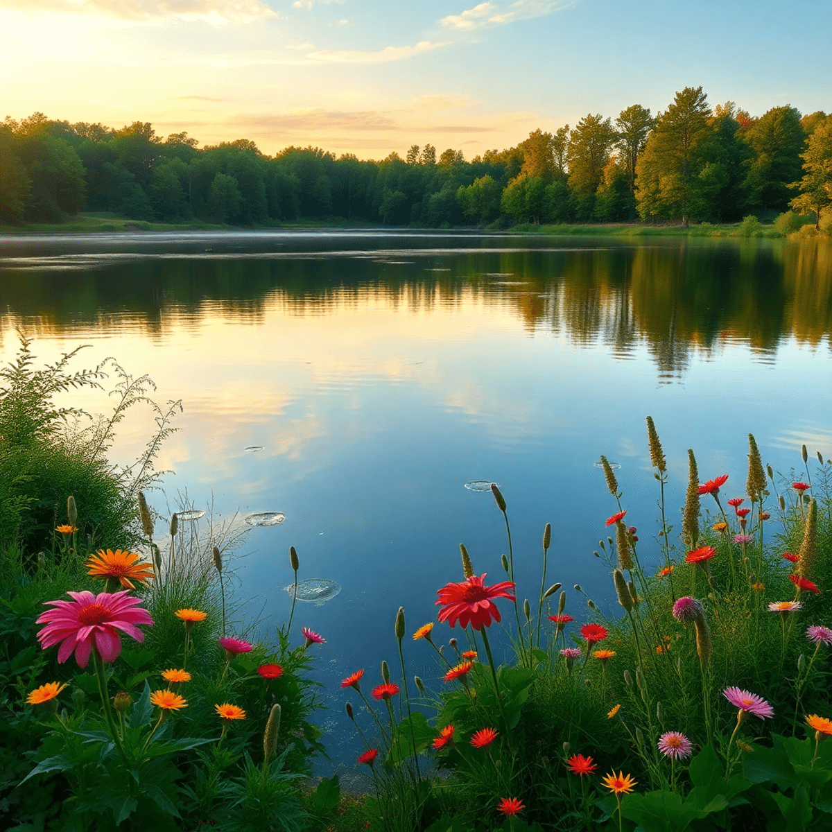 A tranquil Lake of the Woods at sunset, reflecting vibrant colors on the water, surrounded by lush greenery and wildflowers, evoking peace and conn...