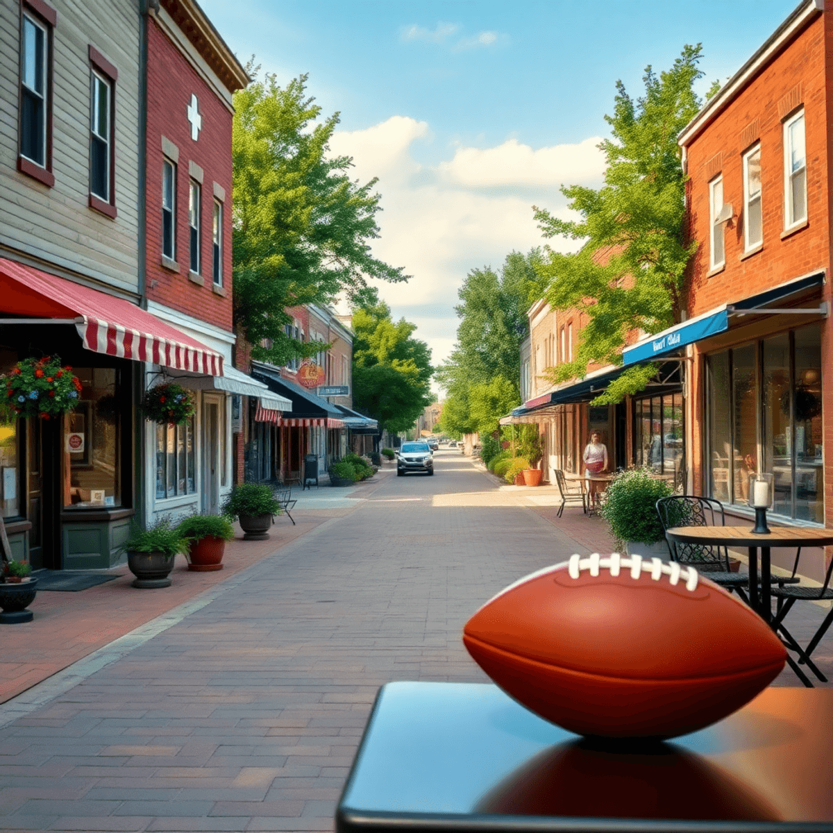 A quaint main street in a small Illinois town, lined with charming shops and cafes, featuring a vintage football and cozy outdoor dining, surrounde...