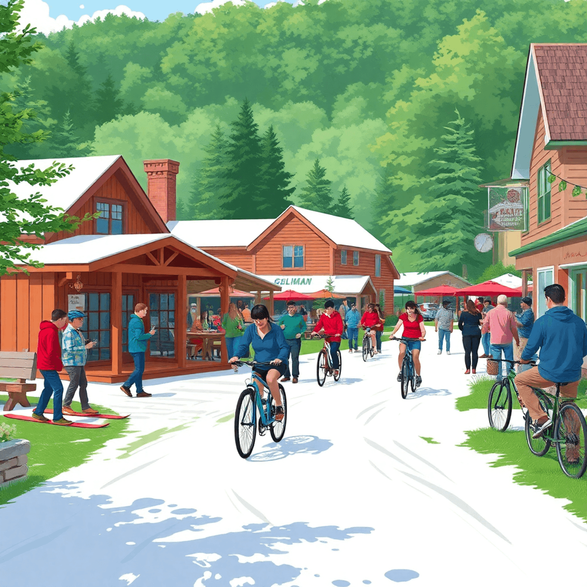 A lively small-town scene in Gilman, Illinois, showcasing singles skiing, biking, and hiking amidst greenery, with a cozy venue for post-activity g...