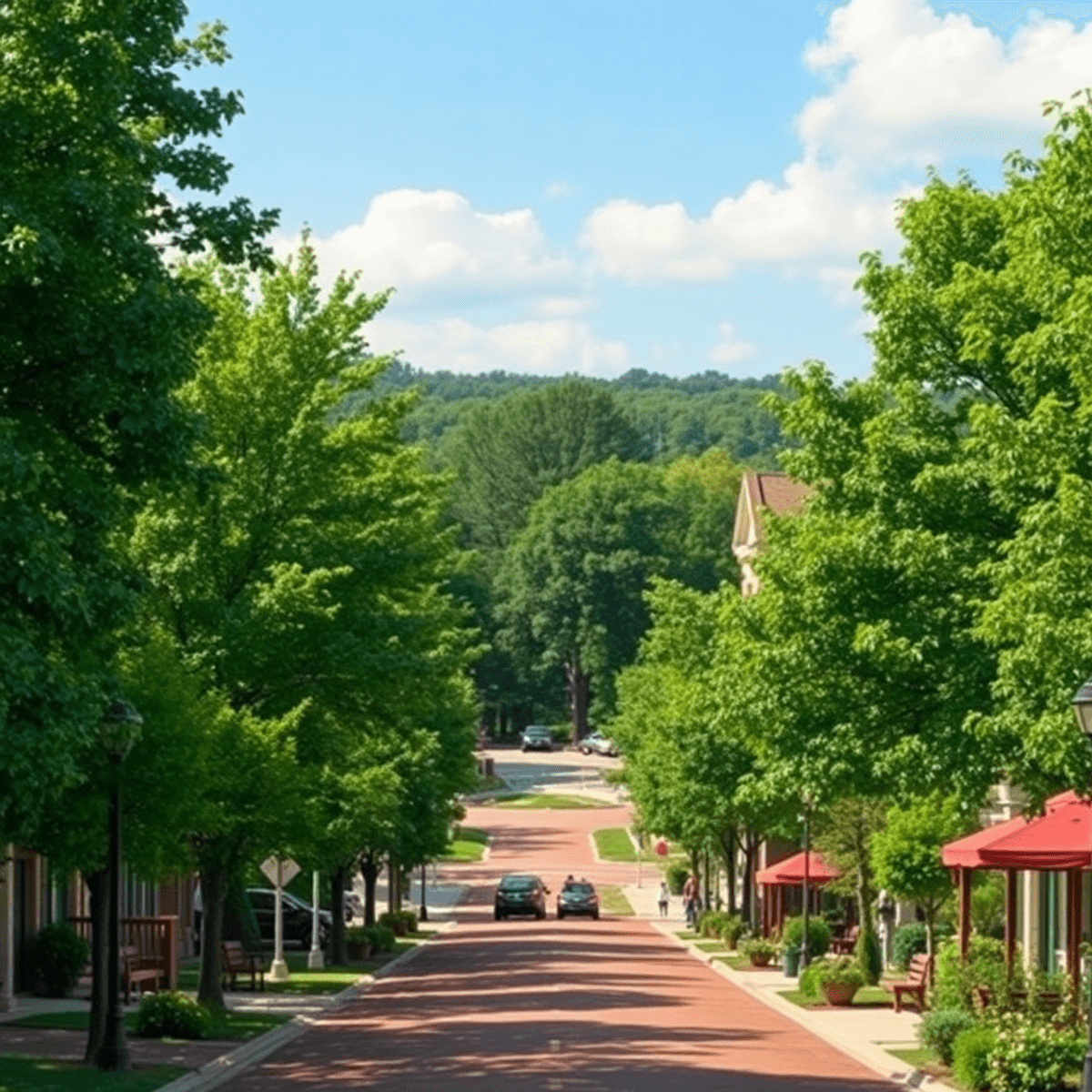 A vibrant street scene in Riverwoods, Illinois, with tree-lined avenues, cozy venues, and parks, featuring wine glasses and musical notes, capturin...