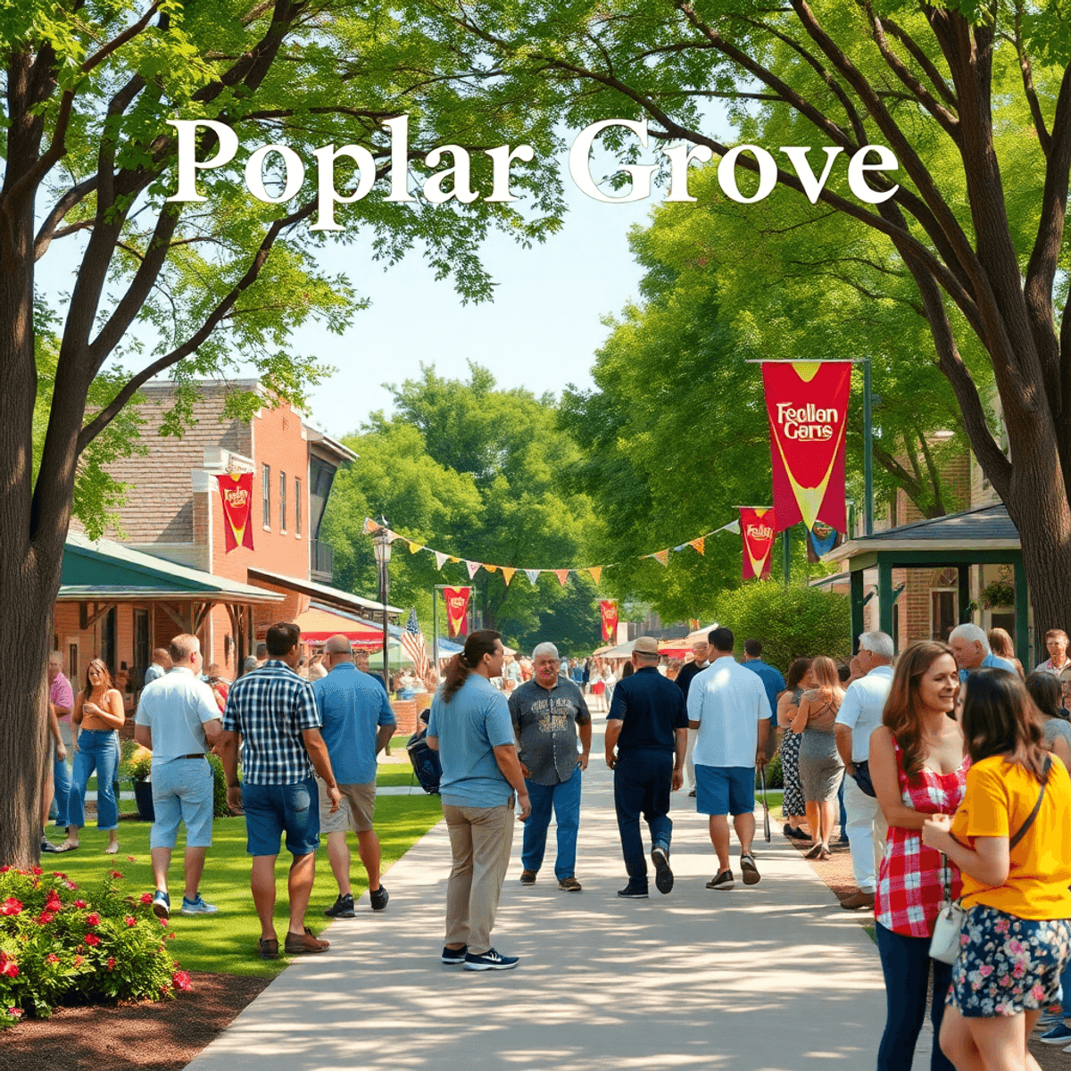 A vibrant small-town park scene in Poplar Grove, Illinois, with singles chatting and enjoying a community event, surrounded by trees and colorful f...