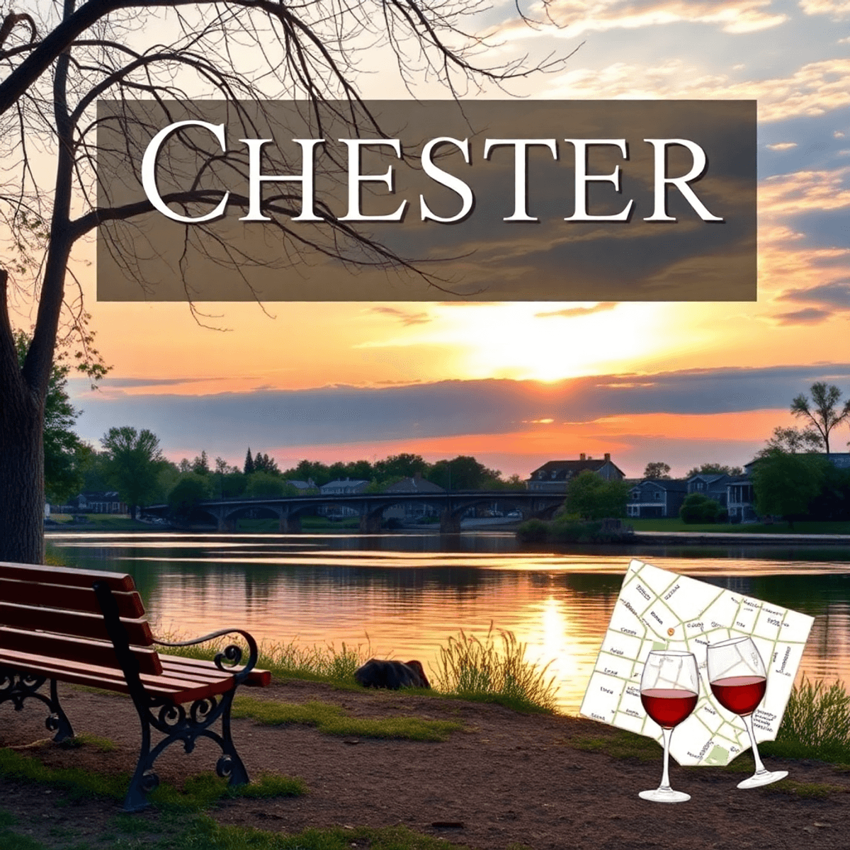 A scenic riverside view in Chester, Illinois, showcasing a sunset reflecting on the Mississippi River, with a park bench, wine glasses, and a scave...