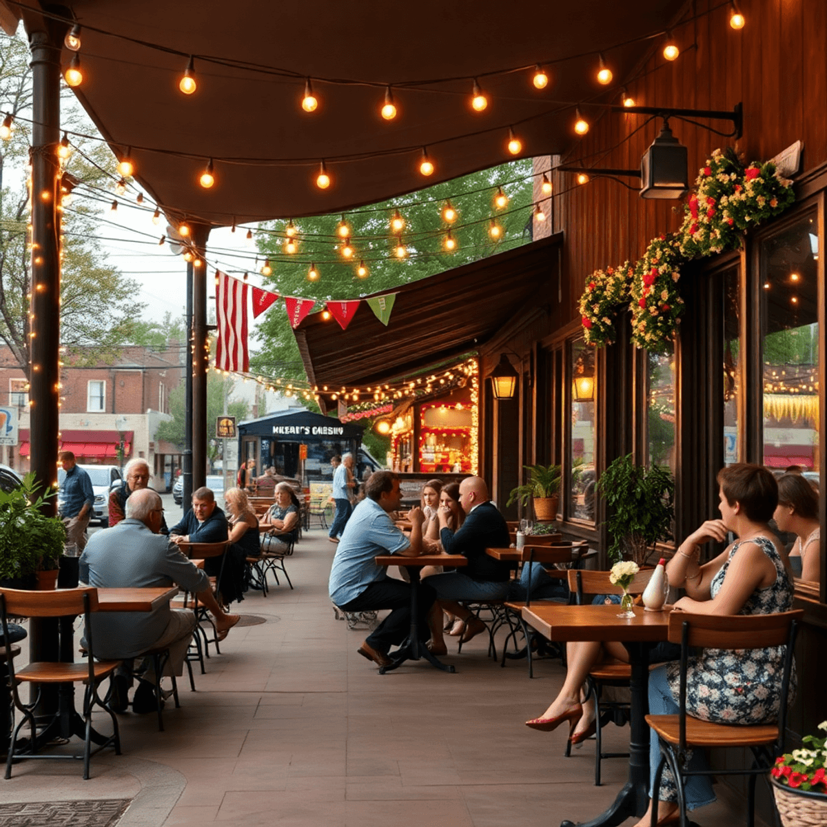 A cozy small-town cafe in Murphysboro, Illinois, with outdoor seating, twinkling lights, and couples chatting amidst colorful festival decorations.