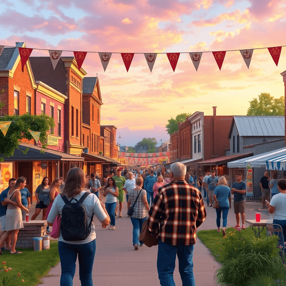 A charming Midwestern town bustling with local festivals, colorful banners, and people enjoying outdoor gatherings and recreational sports, radiati...