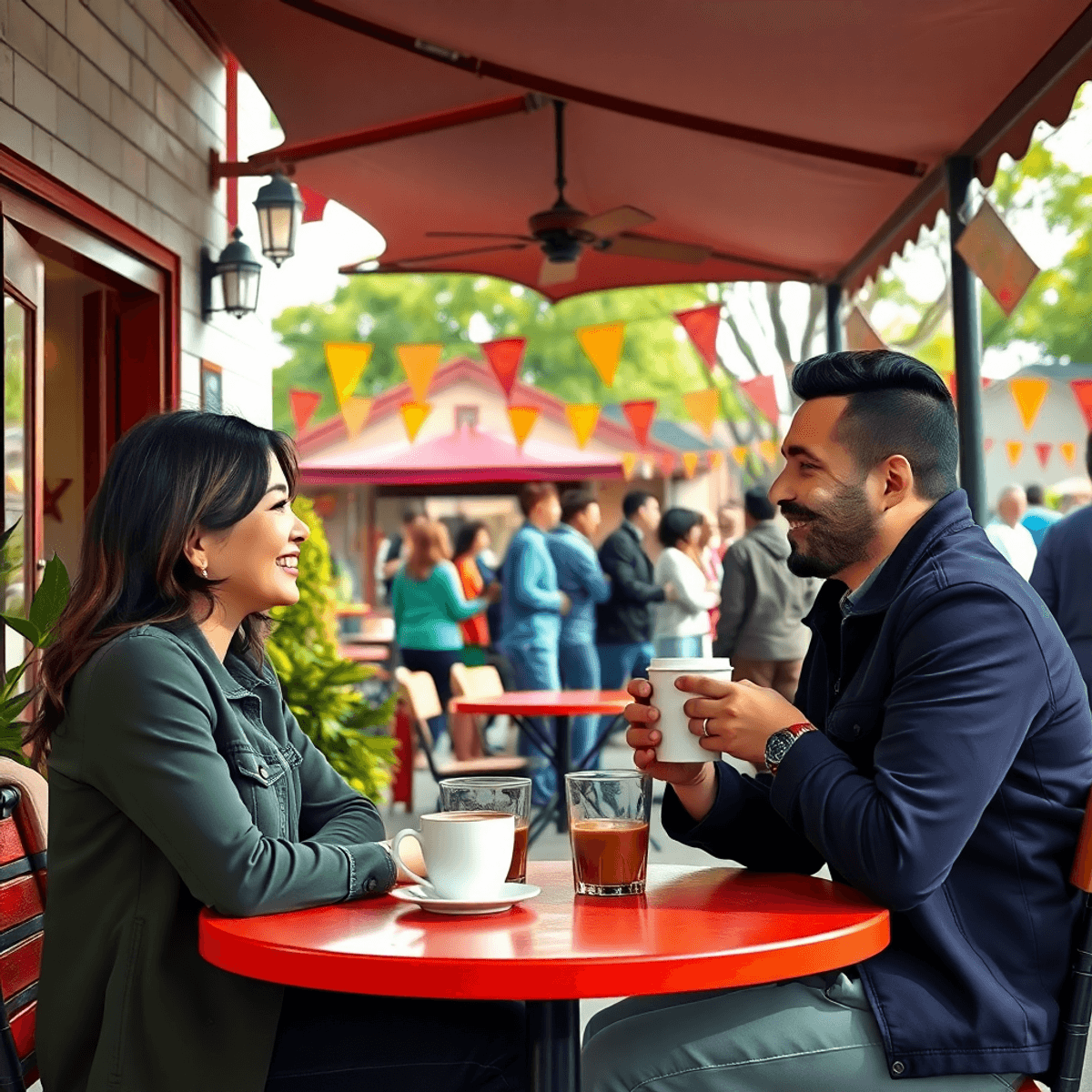 A cozy outdoor café scene in Orland Hills, Illinois, featuring two singles enjoying coffee amidst colorful banners and a lively community gathering.