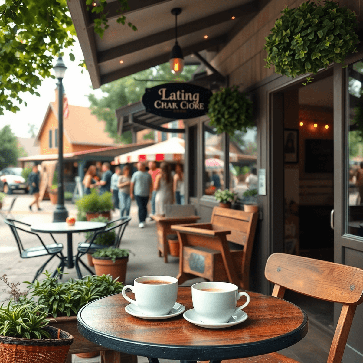 A cozy café with outdoor seating, surrounded by greenery, features two coffee cups on a table, creating a warm and inviting atmosphere for communit...