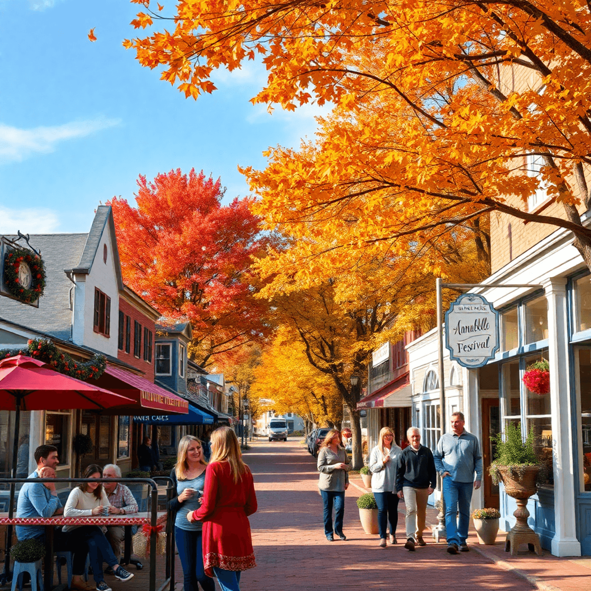 A charming small-town main street in Anna, Illinois, bustling with couples and locals enjoying the Annabelle Festival amidst festive decorations an...