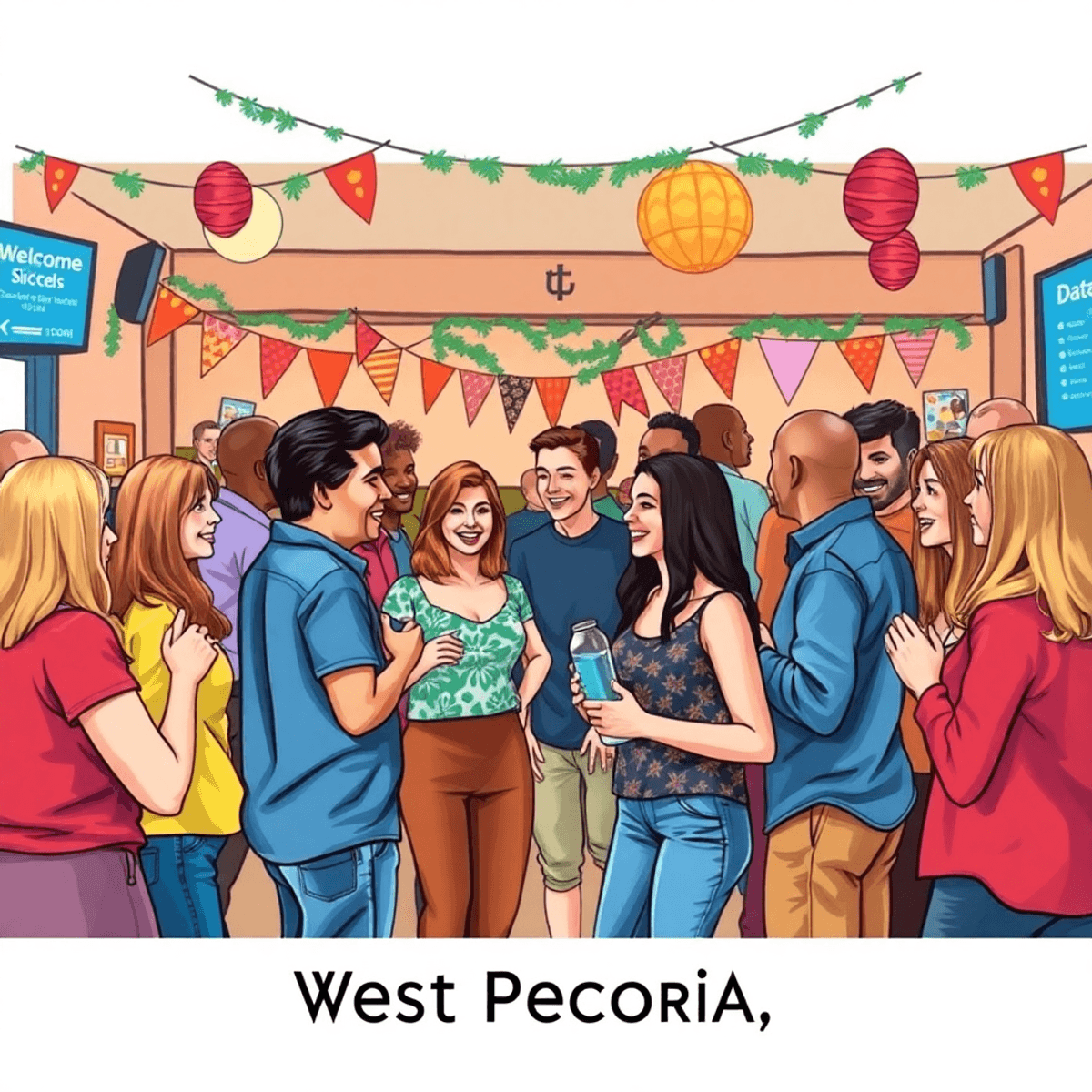 A lively social event in West Peoria, featuring singles engaging in conversation and activities, surrounded by a welcoming venue and festive decora...