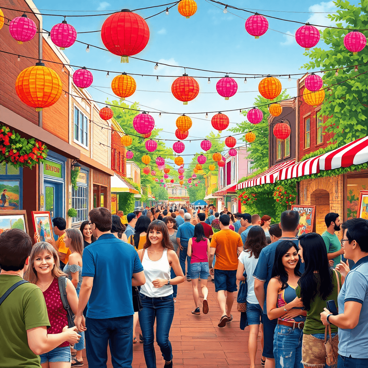 A lively small-town festival in Shelbyville, Illinois, with colorful decorations, people enjoying live music and art displays, and local shops in a...