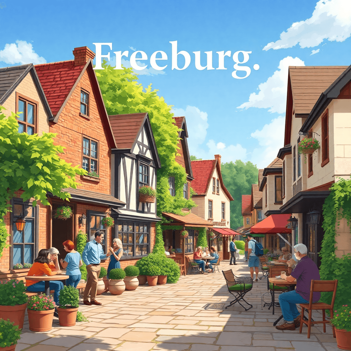 A quaint village scene in Freeburg, Illinois, showcasing charming architecture, a cozy café, and a vibrant community gathering amidst lush greenery.