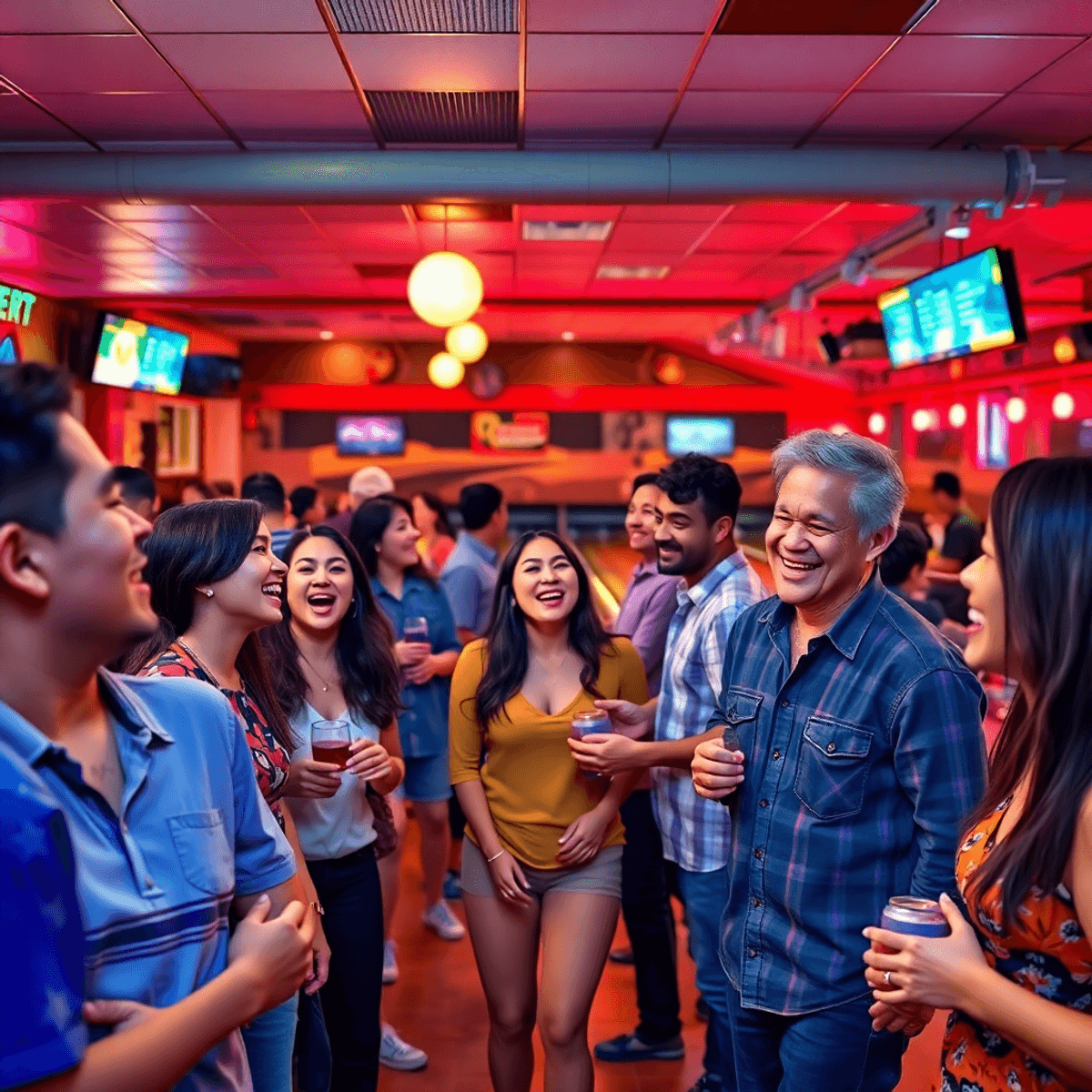 A lively small-town bowling alley filled with people enjoying themselves, neon lights glowing, and bowling lanes in the background, capturing a sen...