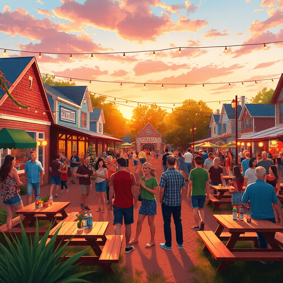 A lively small-town park during a festive event, filled with colorful decorations, picnic tables, string lights, and people enjoying the warm sunse...