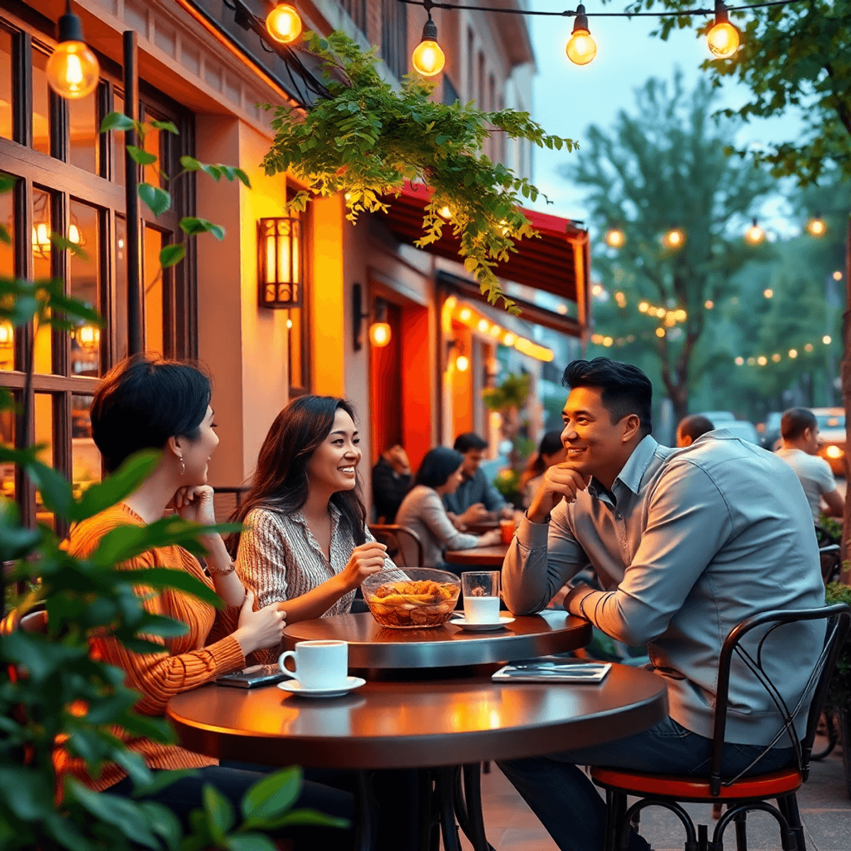 A cozy outdoor café in Highwood, Illinois, with couples enjoying coffee and meals amid greenery, twinkling lights, and colorful decorations, creati...