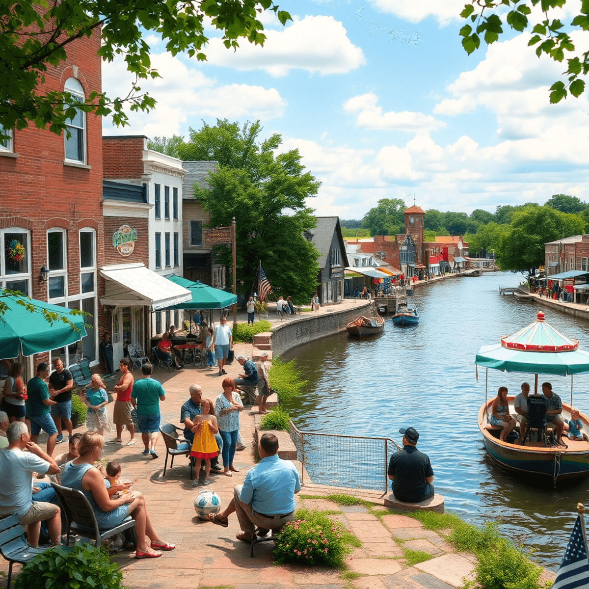 A charming riverside scene in a small town, with people enjoying a summer concert, families at a fair, and couples engaging in activities, surround...
