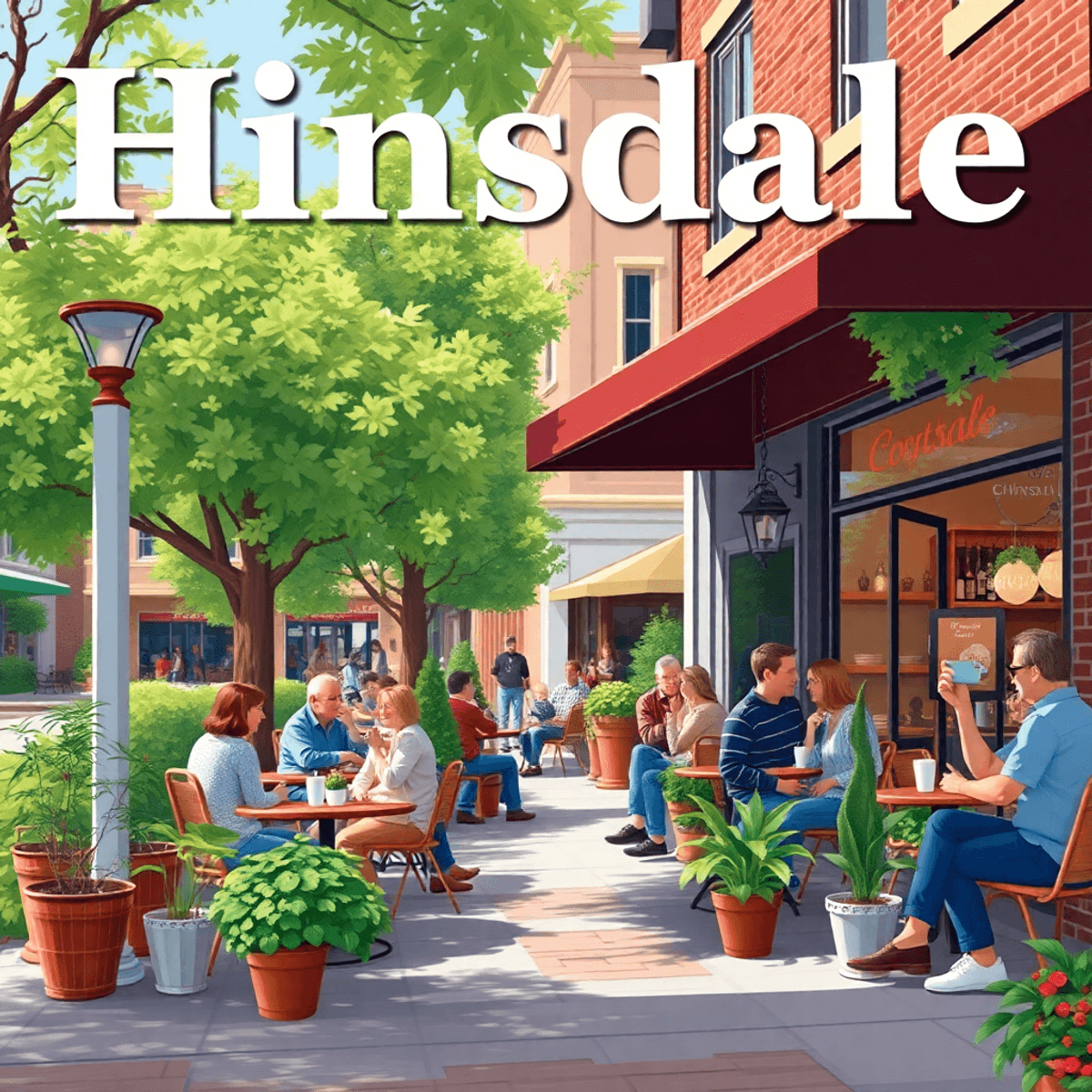 A lively street scene in Hinsdale featuring a cozy coffee shop with outdoor seating, people enjoying drinks, lush greenery, and charming architectu...